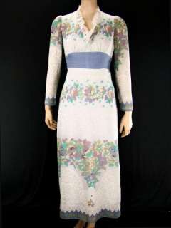 VTG 70s Floral Cotton Voile High Waist Day Patio Party Maxi Dress XS 