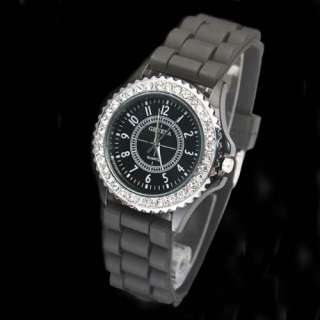 Black Crystals Silicone Band Ladies New Wrist Watch SHG  