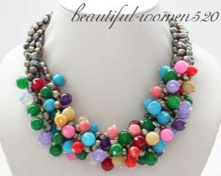 4row 19 black baroque pearl multicolor jade bead necklace