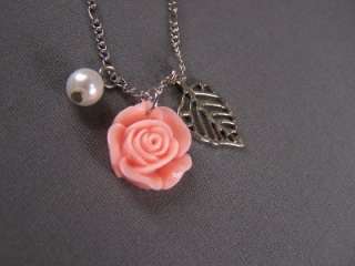 Peach leaf rose rosette faux pearl pendant necklace  