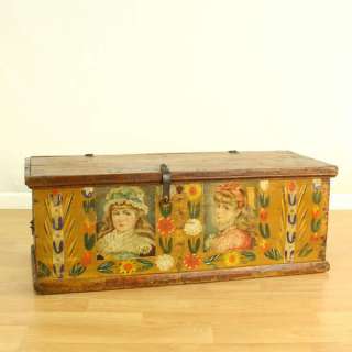 Early 1800s Young Girls Painted Wood Trunk  
