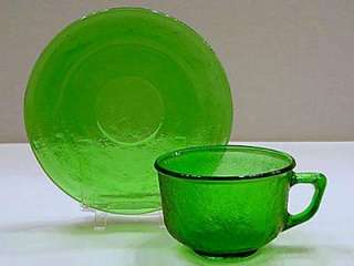 Depression Era Green Glass CUP & SAUCER SET Crackle Pattern  