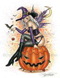 Halloween Witch Pumpkin Fairy Pinup PRINT DELPHINE art  