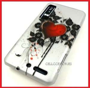 FOR MOTOROLA DROID 3 RED HEART SILVER HARD COVER CASE  