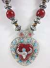   Wood Red Silver Plated Beaded Ram Head Heart Pendant Strand Necklace