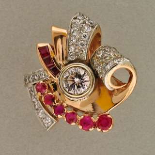 VINTAGE 1940s 14K PINK GOLD & PLATINUM RETRO ROUND DIAMOND RUBY SWIRL 