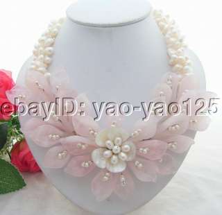 Wonderful 3Strds White Pearl&Rose Quartz Flower Necklace