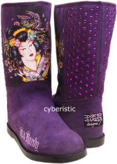 New Womens Ed Hardy Purple Geisha Bootstrap Boots Shoes  