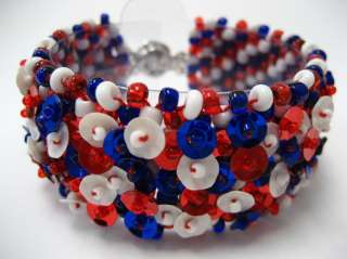 Red White Blue Patriotic Handmade Sequin Glass Bracelet New with Gift 