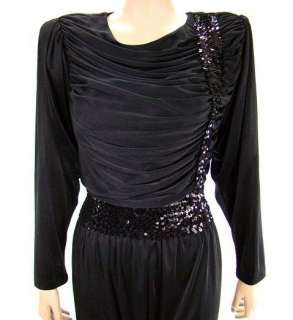VTG 80s Glam Black Jersey Ruched Sequin Long Sleeve Party Jumpsuit L 