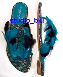 SERGIO ROSSI Blue Black Feather Jewel Sandals Shoes 38  