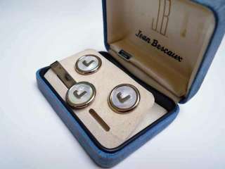 JEAN BESCAUX Vintage NOS Set Cuffs & Clip Letter J; MOP;  