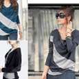 New Great Polo Neck Stripes Long Puff Sleeve Cotton Casual Tops 