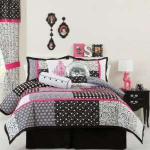 Black White Pink Abstract Geometric Swirl Dot Girl Full Comforter Set 