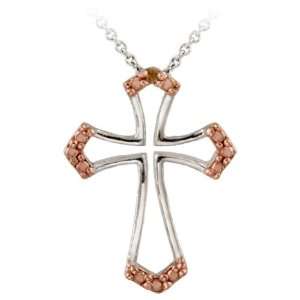    Rose Gold over Silver Champagne Diamond Cross Necklace Jewelry