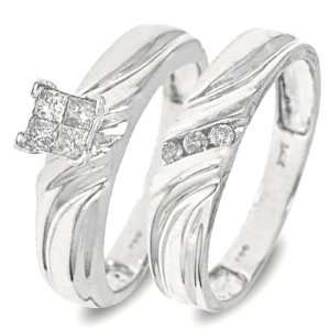 Cut Diamond Womens Bridal Wedding Ring Set 10K White Gold   Two Rings 