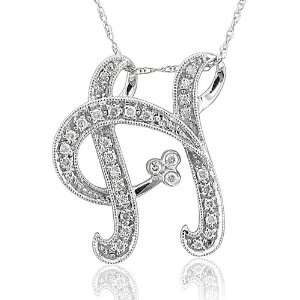  14k White Gold Alphabet Initial H Diamond Pendant Necklace 