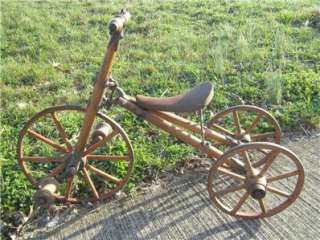 ANTIQUE 1850S 1860S CAST IRON WOODEN WHEELS TRICYCLE CHILDRENS BIKE 