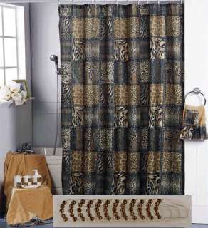   LEOPARD SHOWER CURTAIN +12 MATCHING RINGS BATHROOM SET NEW 16538