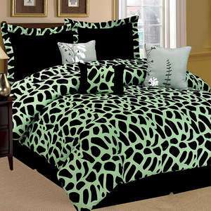 7PC Kenya Giraffe Animal Print Comforter Set Green Black KING Size Bed 