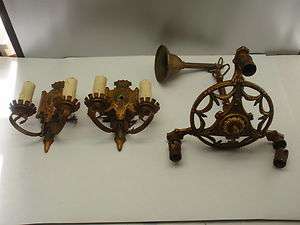 Antique Brass Ornate Electric Chandelier & Two Wall Sconces Light 
