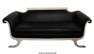 Antique Restored Sofa Couch with White Lacquer and Black Leather 