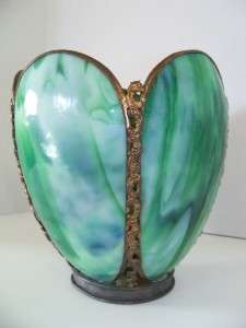 Antique Green Slag Glass Tulip B & H Oil Kerosene Lamp Shade  