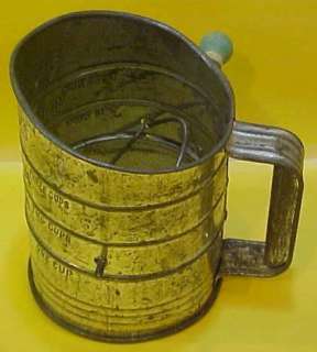 Bromwells Measuring old tin crank style 3 cup flour Sifter w green 