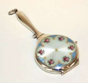 Antique Enameled Hand Mirror Shaped Compact with Silver Handle 
