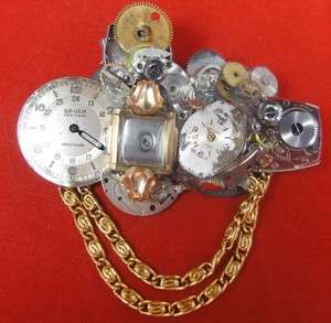 Vintage 2.75 x 2 Artisan Made Watch Face Movement Collage Brooch 