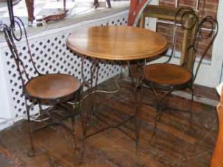 Old Antique 3 Pc. Ice Cream Parlor Table & 2 Chair Set Wood & Copper 