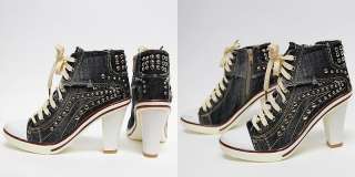   Denim Bleach Sneakers Zip High Heel Shoes US5~8 / Ladies Pumps  