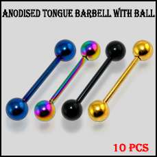 10 Pieces Anodised Tongue Barbell with Ball  