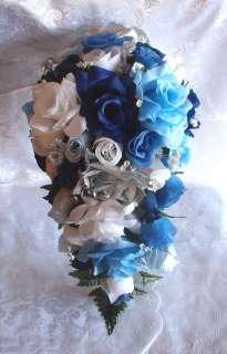 15pc Wedding Flower Bridal Bouquet Blue Silver Silk Roses  