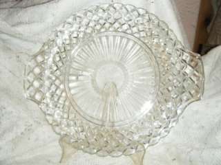 Vintage Crystal Glass Diamond Banded 2 Handled Cake Plate  