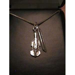  Violin with Bow Sterling Silver Necklace 