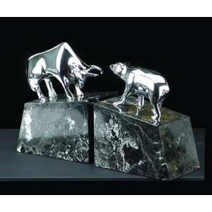  Bull & Bear, Solid Brass, Chrome Plated on Marble Bookends 