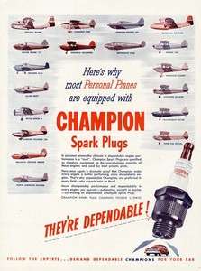 CHAMPION SPARK PLUG AD   1946   AIRPLANES   CESSNA 140   PIPER CUB etc 