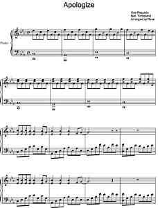 APOLOGIZE   PIANO MUSIC SHEET   ONE REPUBLIC TIMBALAND  