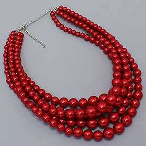 Chunky Bold Shinny Red Pearl Jewelry Choker Statement Bib Necklace 