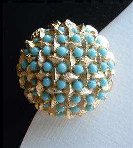   Domed Criss Cross Textured Goldtone Brooch Faux Turquoise Bead  