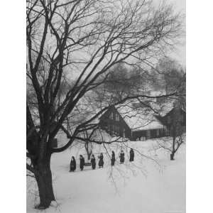  Line of 7 Benedictine Nuns Walking Through Snow to Help 