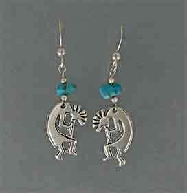 STERLING SILVER AND TURQUOISE KOKOPELLI DANGLE EARRINGS  
