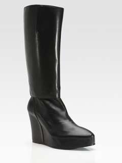 Ann Demeulemeester   Leather Mid Calf Wedge Boots    