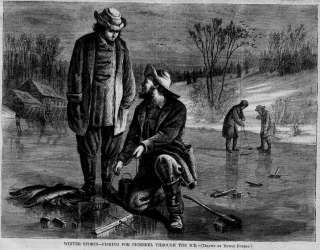 FISHING ICE FISHING FOR PICKEREL ANTIQUE 1868 ENGRAVING  
