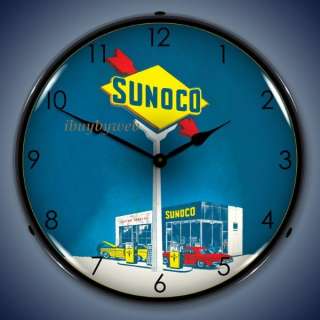 Retro Nostalgic Sunoco Gas Station Sign Lighted Clock  
