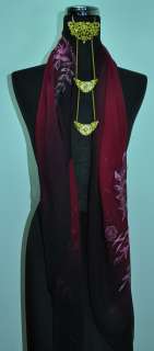   Embroidered XL Silk Square Scarf Shawl Hijab Floral Maroon Black