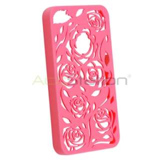 Hot Pink Carving Rose Flower Rear Hard Cover Case+Diamond Film for 
