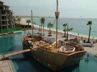 Pirate ship Buccaneer at anchor in a Villa del Arco pool