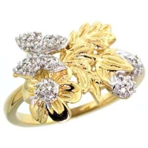 14k Gold Butterfly on Floral Vine Diamond Ring w/ 0.10 Carat Brilliant 